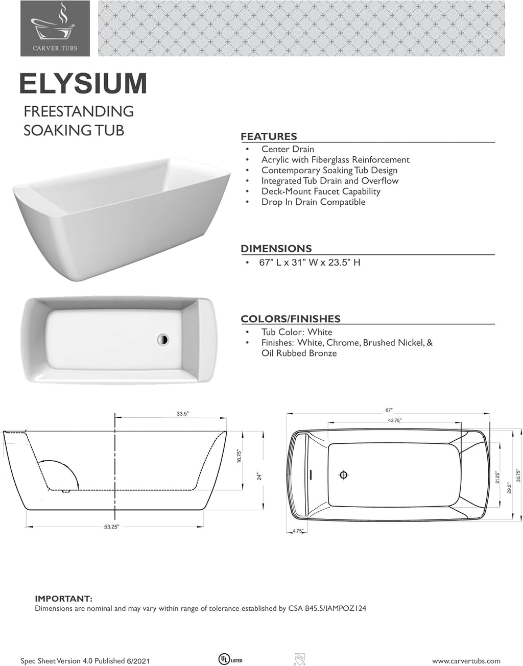 Carver Tubs - Elysium 67' - Acrylic Freestanding Soaking Bathtub - with Slotted Chrome End Drain - Rounded edges - White Classic Rectangle Acrylic Fiberglass Bath Tub - 59'L x 31.5'W x 23.5'H