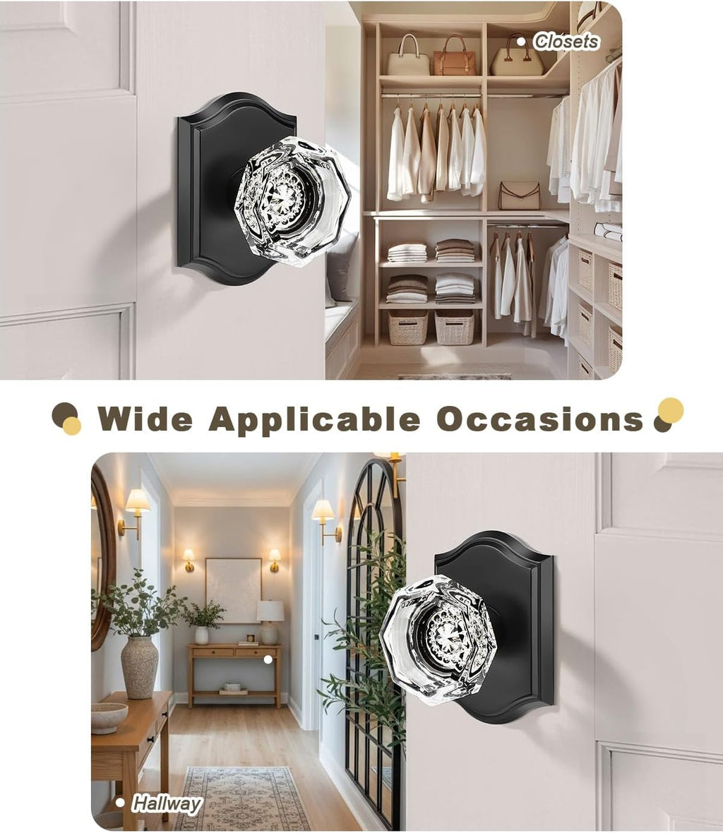 Gobrico 6 Pack Clear Diamond Passage Door Knobs,Matte Black Non-Locking Interior Door Handles,Octagonal Crystal Hall/Closet Door Knob,Arched Rosette
