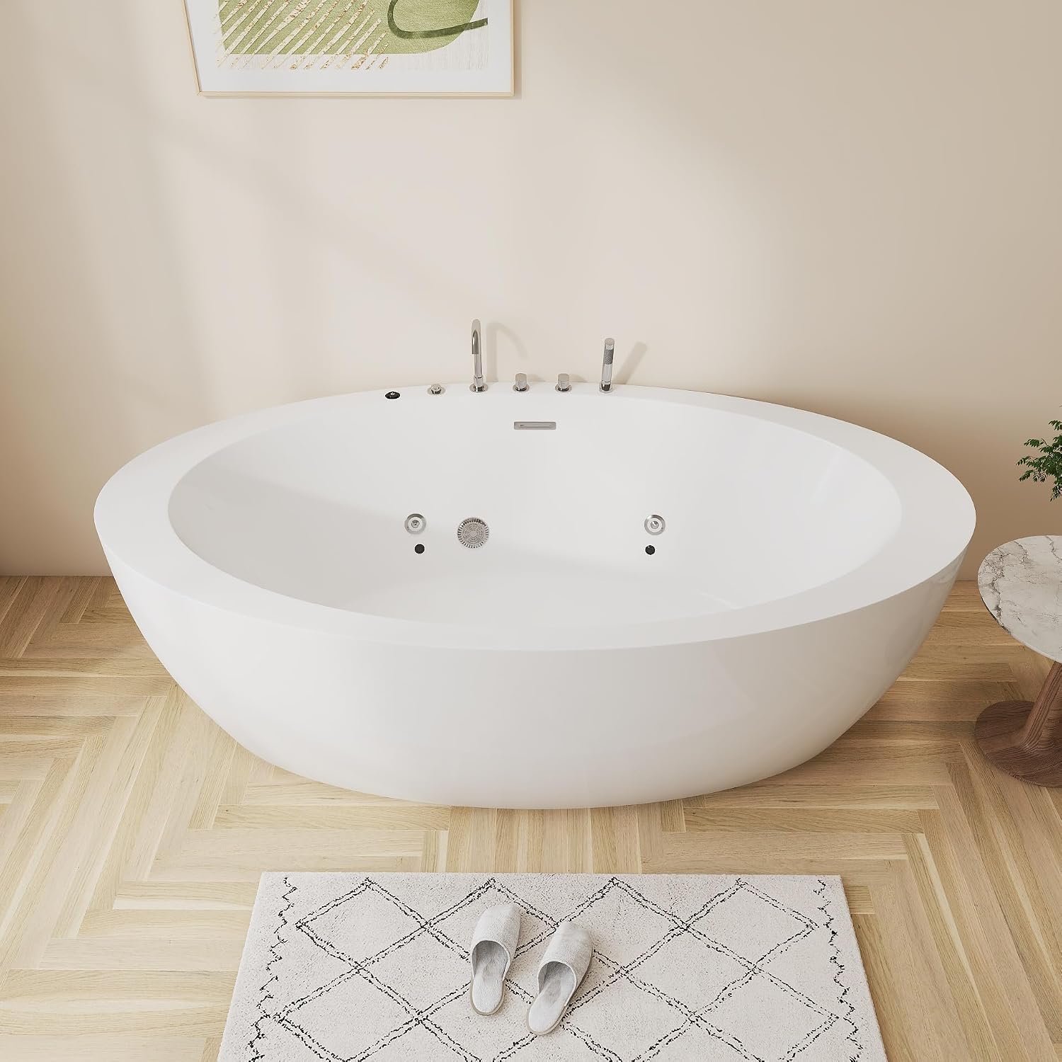 71' Premium Whirlpool Water Jetted and Chromatherapy LED Lights Freestanding Tub Soaking Oval Acrylic Bathtub With Faucet, Gloss White with Overflow and Drain
