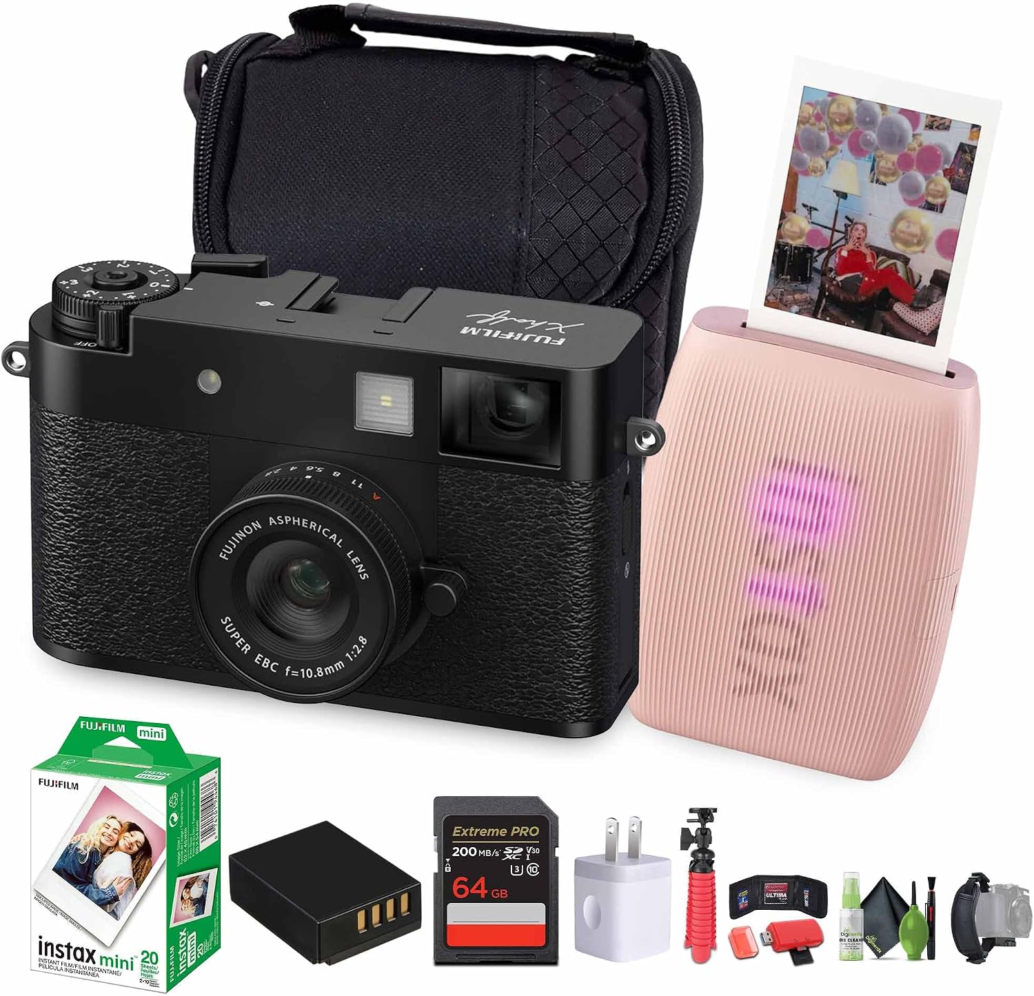 FUJIFILM X Half Premium Compact Digital Camera (Black) Bundle with Fuji INSTAX MINI Link 3 Smartphone Printer (Rose Pink) + Instax Mini Film + 64GB Memory Card + Flexible Tripod + Cleaning Kit + More