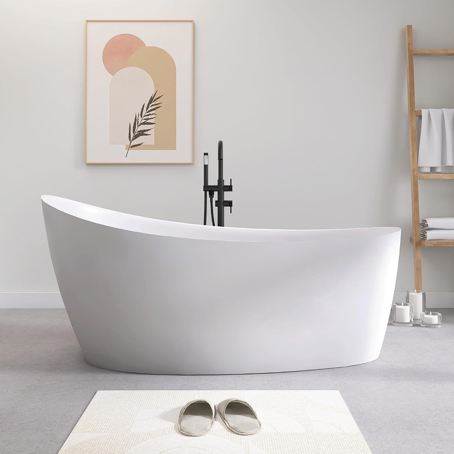 SJ STAR&JANE 65' Solid Surface Freestanding Bathtub, Matte White Oval Soaking Stone Resin Tub with Overflow and Pop-up Drain for Modern Bathrooms