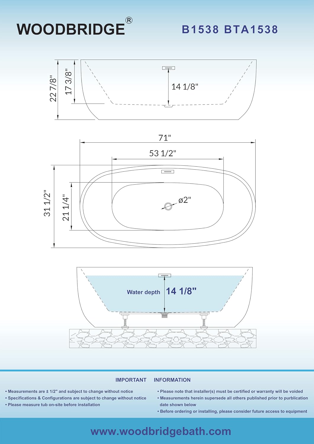 WOODBRIDGE 71' Acrylic Freestanding Bathtub Contemporary Soaking Tub, White Acrylic,Matte Black Drain/Overflow