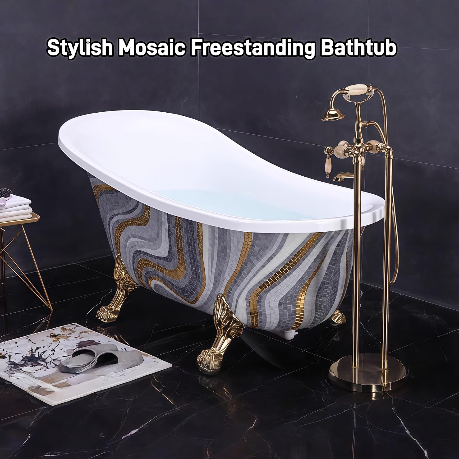 54' Edeyeu Freestanding Bathtub - Solid Surface Soaking Tub with Clawfoot Design, Luxury Free Standing Bathtub for Spa Bathroom, Extra Deep Soaker Tub, A