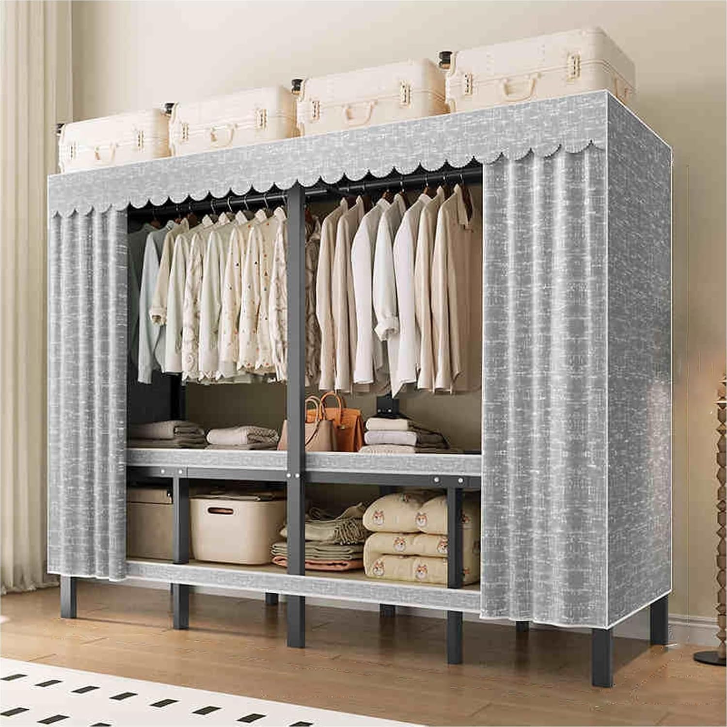 Heavy Duty Metal Clothing Rack With Cover, Portable Folding Wardrobe Closet With 2 Hanging Rods, Space Saving Bedroom Closet Rack, Freestanding Wardrobe Clothes Organizer Organizing System(150cm/59.1i