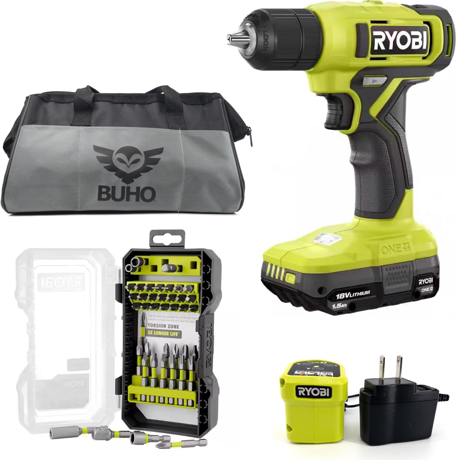 Ryobi ONE+ 18V Drill Kit with Battery, Charger, Bit Set & Bag
