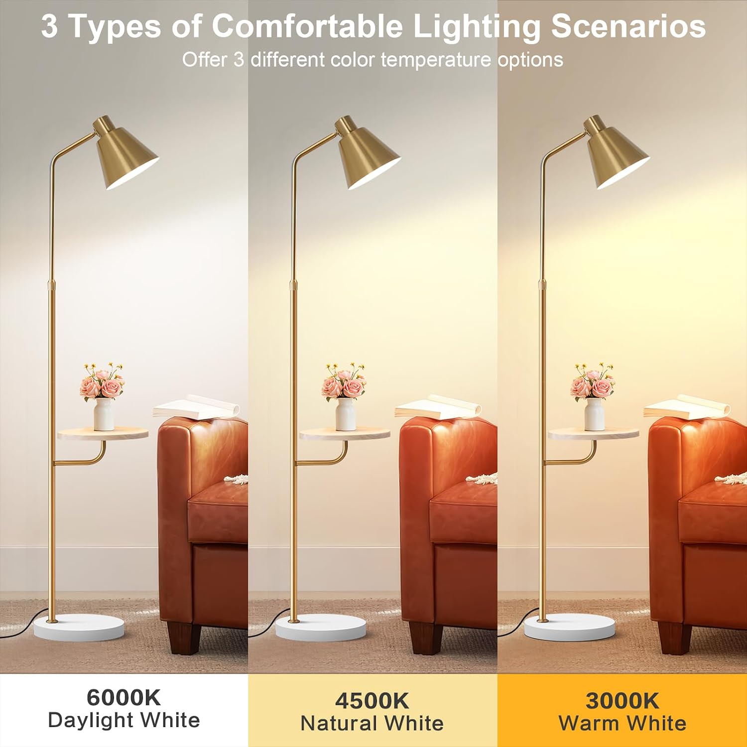 Gold Brushed Floor Lamp with Side Table for Living Room Bedroom, Modern Standing Lamp 12W LED 3-Color Dimmable 3000K/4500K/6500K, Adjustable Gooseneck Reading Light with Wood Shelf for Office Corner