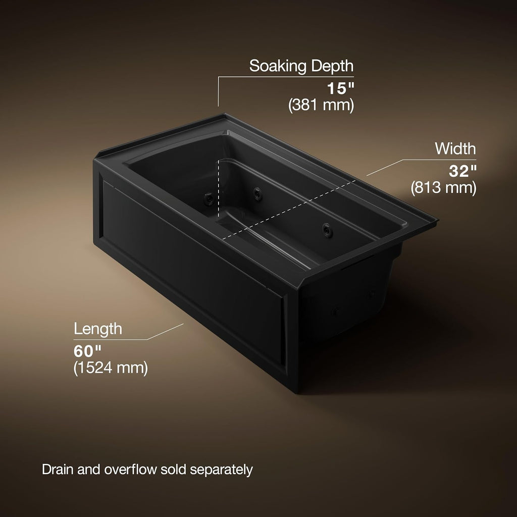 Kohler K-1122-RA-7 Archer 5Ft Whirlpool with Comfort Depth Design, Integral Apron and Right-Hand Drain, Less Heat, Black Black