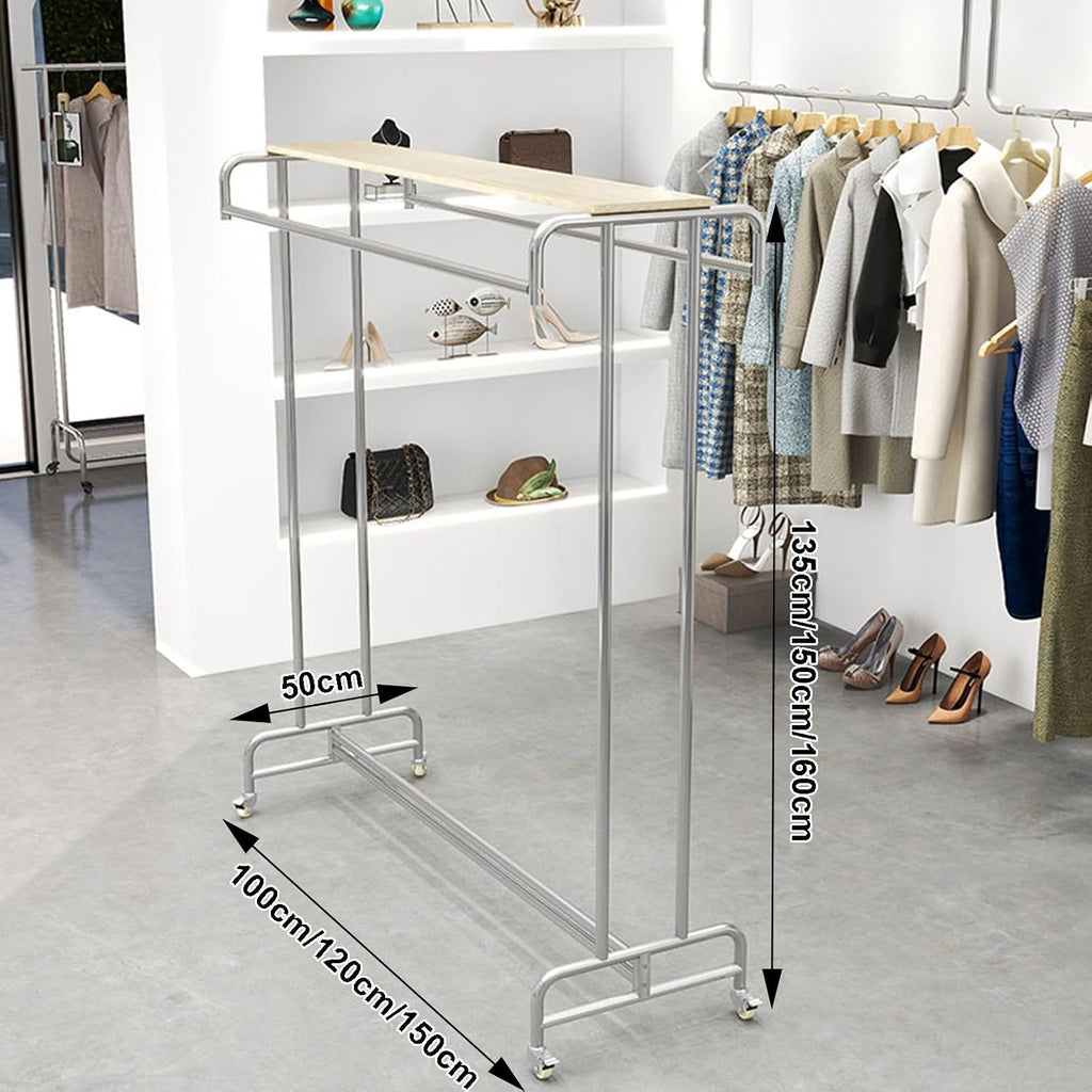 Stainless Steel Freestanding Garment Rack, Heavy Duty Double Rod Rolling Clothes Rack Clothing Hanger Stand for Modern Boutique Display Rack Retail Use ( Color : Rack with Shelf , Size : 100x50x135cm