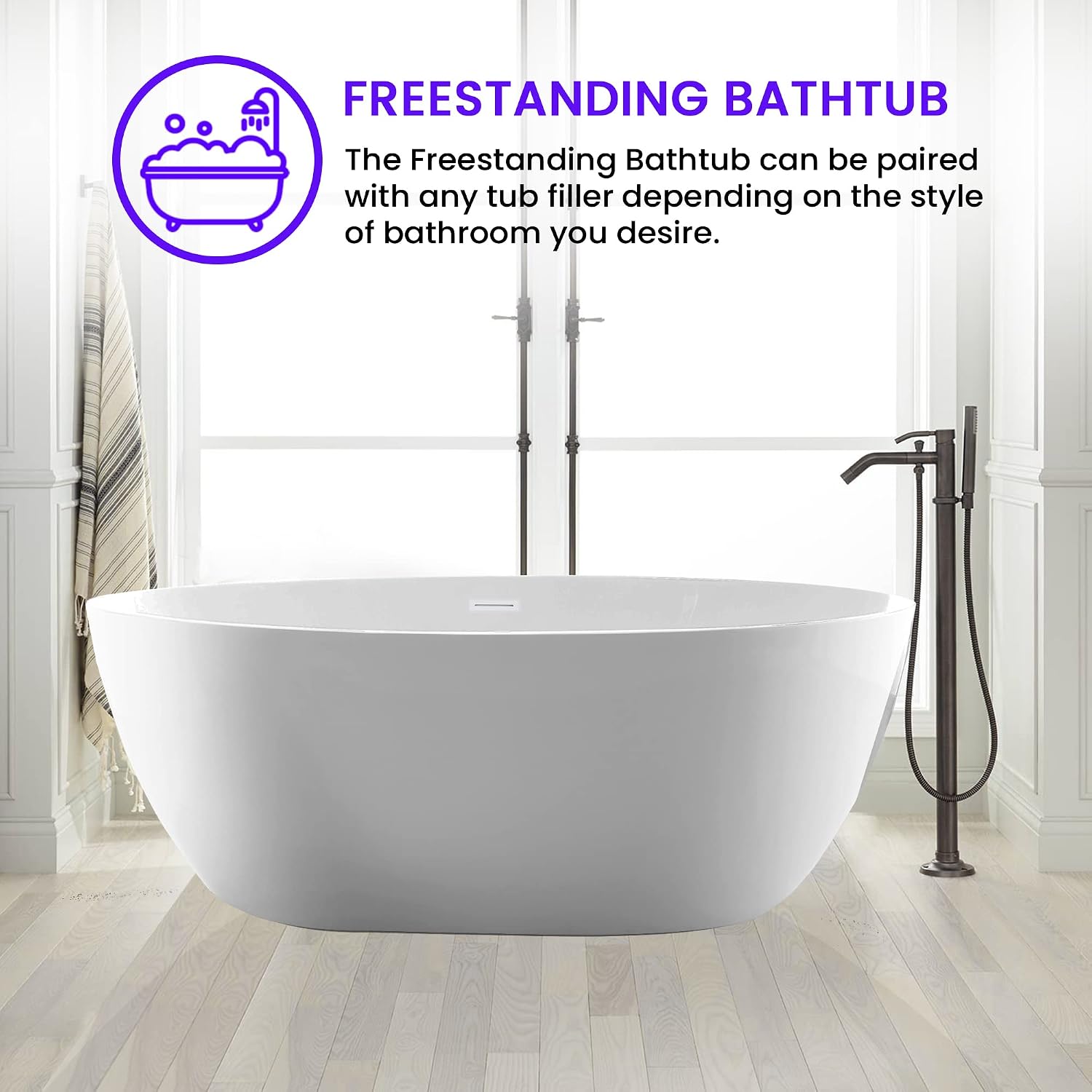 Vanity Art 59' X 32' Freestanding Bathtub | Home Improvement Bathtubs with Contemporary Design for Soaking and Bathing, Overflow and Pop-up Drain with UPC Certified, Acrylic, VA6834-PW-M