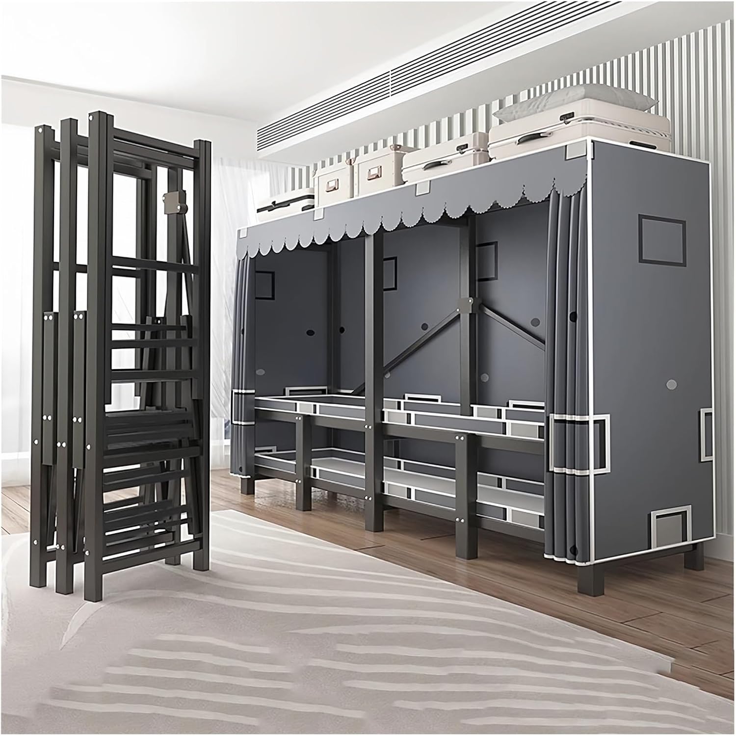 Heavy Duty Wardrobe Closet With Cover, Foldable One-Piece Folding Base, Portable Covered Clothing Coat Storage Organizer, Metal Garment Rack For Bedrooms(Blue 1,130x50x170cm)