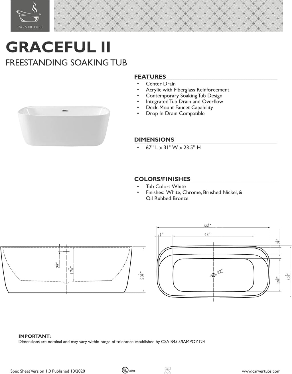 Carver Tubs - Graceful II 67' - Modern Freestanding Soaking Bathtub with Back Heater - Modern Contemporary Acrylic Oval Bath Tub - w/Chrome Center Drain - Deep Soaking - 67″L x 31'W x 23.5'H
