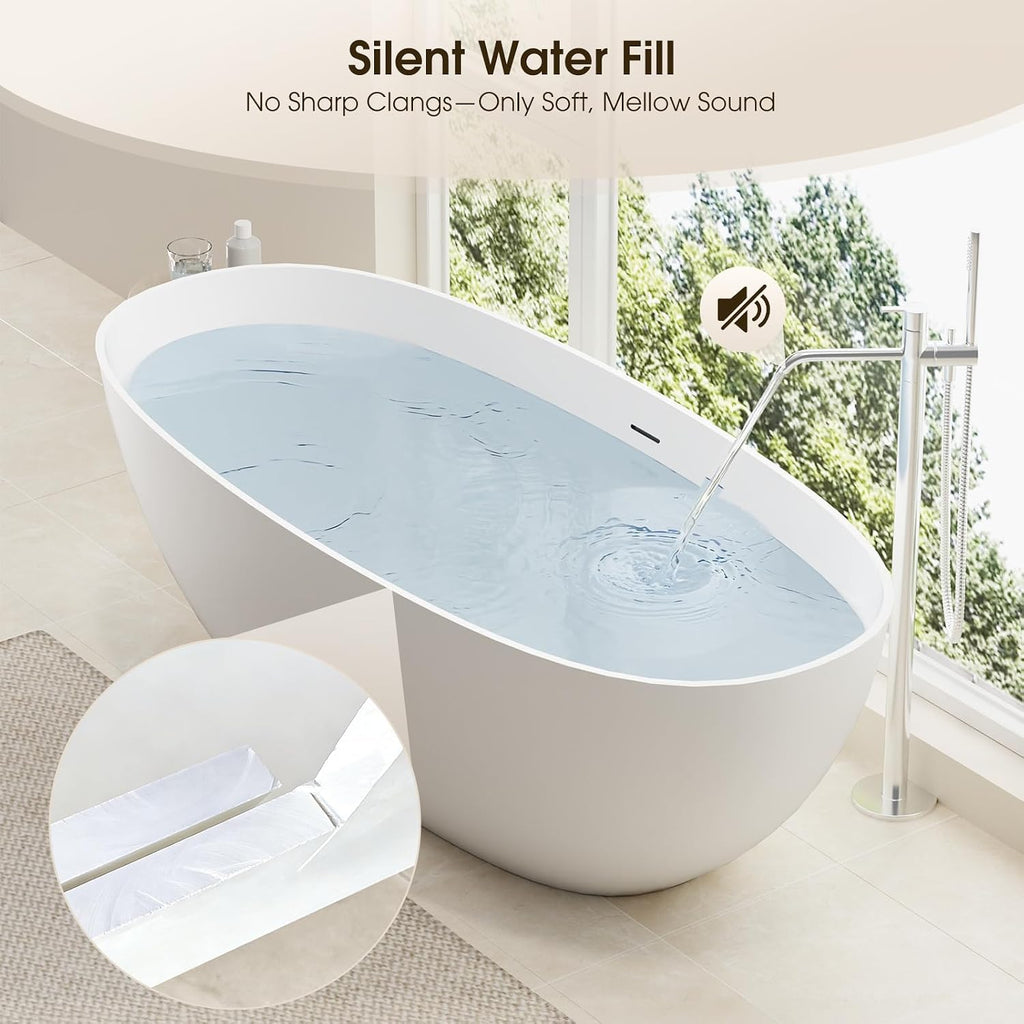 67' Stone Resin Freestanding Soaking Tub, Modern Oval Solid Surface Bathtub with with Overflow & Pop-up Drain, 14.6 Inch Soaking Depth Luxury Soaking Tub, Matte White