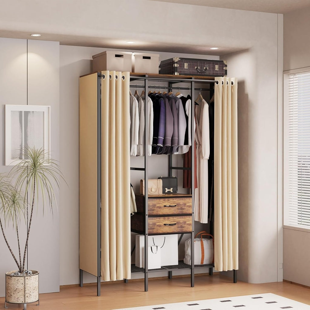 Large Heavy Duty Clothes Rack Organizer Stand Portable Wardrobe with Dust-Proof Cover Brown Metal