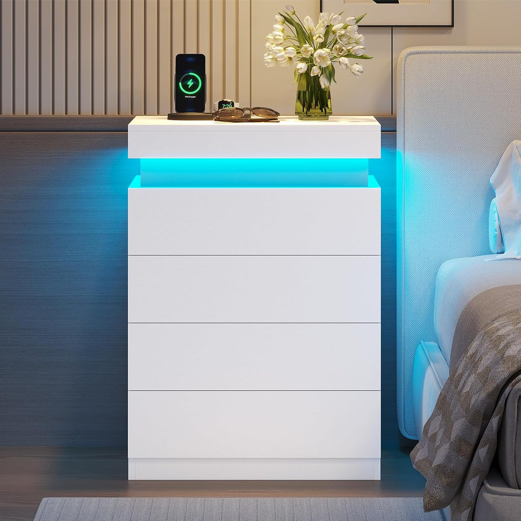 ADORNEVE White Night Stand Set of 2,Nightstand with Charging Station & LED Light & Sliding Top,Bedside Table with Drawers,Modern Bed Side Tables Bedroom