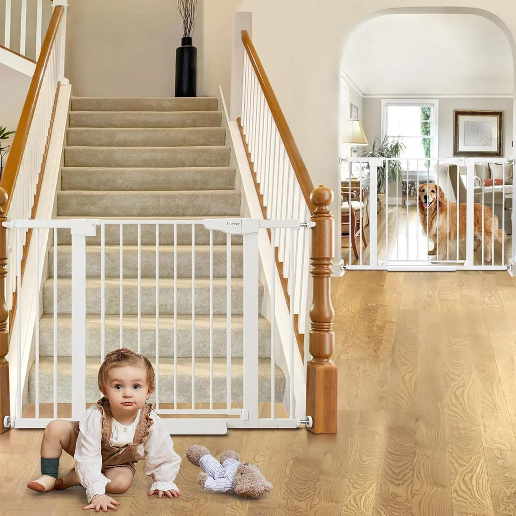 Cumbor 2 Pack 30-46' Baby Gate for Stairs, Mom's Choice Awards Winner-Auto Close Dog Gate for doorways, Easy Install Pressure Mounted Pet Gates Indoor, Easy Walk Thru Wide Safety Gate for Dog, White