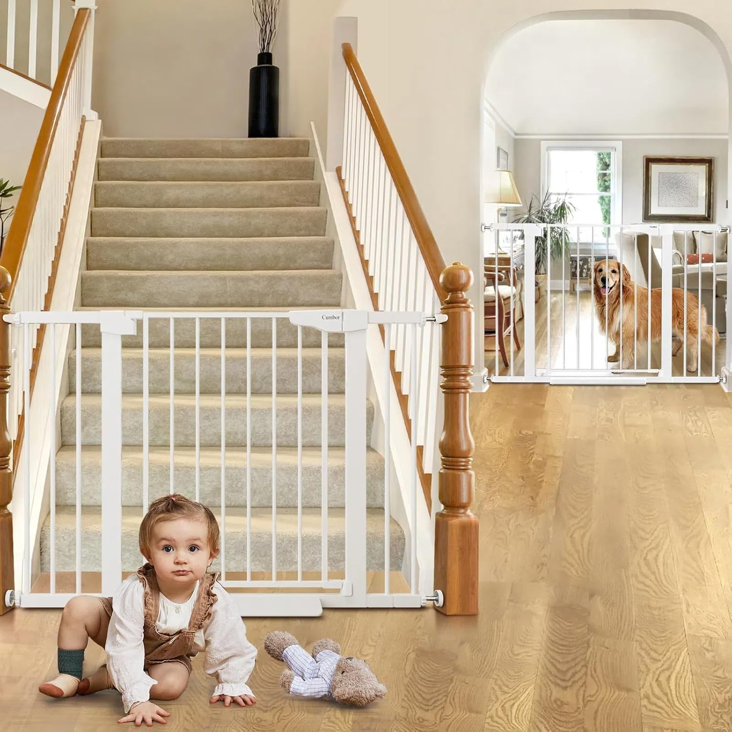 Cumbor 2 Pack 30-46' Baby Gate for Stairs, Mom's Choice Awards Winner-Auto Close Dog Gate for doorways, Easy Install Pressure Mounted Pet Gates Indoor, Easy Walk Thru Wide Safety Gate for Dog, White