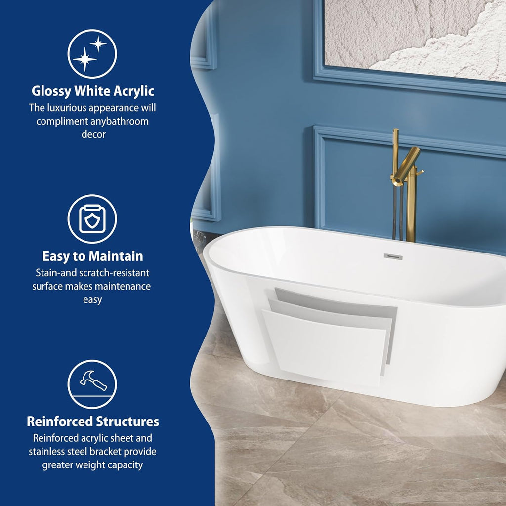 Sarlai 67 Inch Acrylic Freestanding Soaking Bathtub Contemporary Soaking White Tub Stand Alone Ergonomic Bathtub with Chrome Drain and Overflow