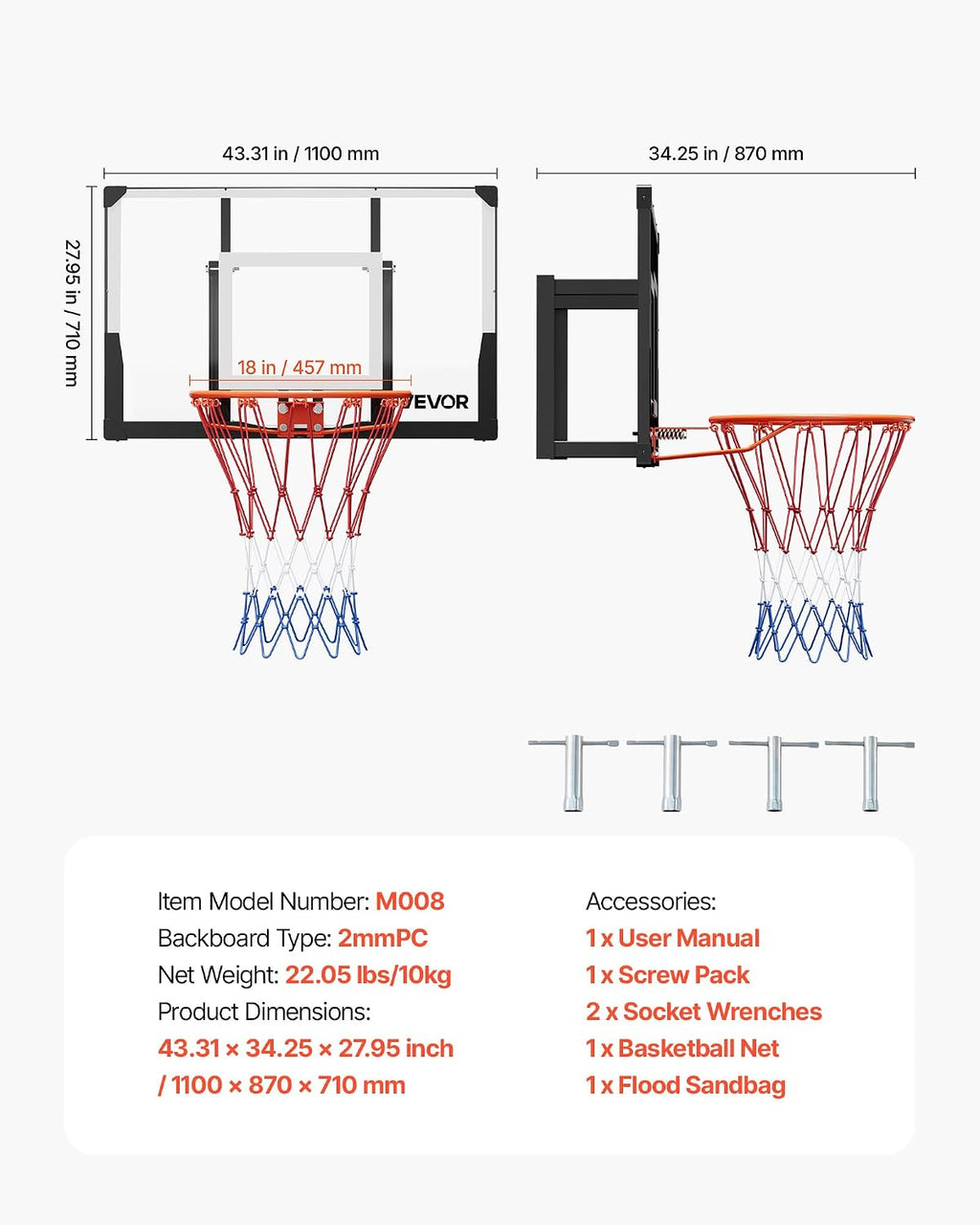 VEVOR Basketball Hoop, 44 54 Inchs PC Backboard Wall Mounted, Basketball Portable Hoop & Goal, Indoor & Outdoor with Hand-Crank Adjustment, Classic Basketball Court, Teens, Adults, Schools, Parks