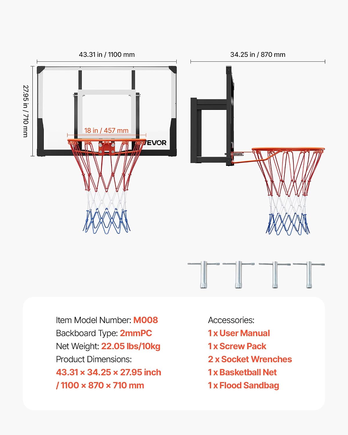 VEVOR Basketball Hoop, 44 54 Inchs PC Backboard Wall Mounted, Basketball Portable Hoop & Goal, Indoor & Outdoor with Hand-Crank Adjustment, Classic Basketball Court, Teens, Adults, Schools, Parks