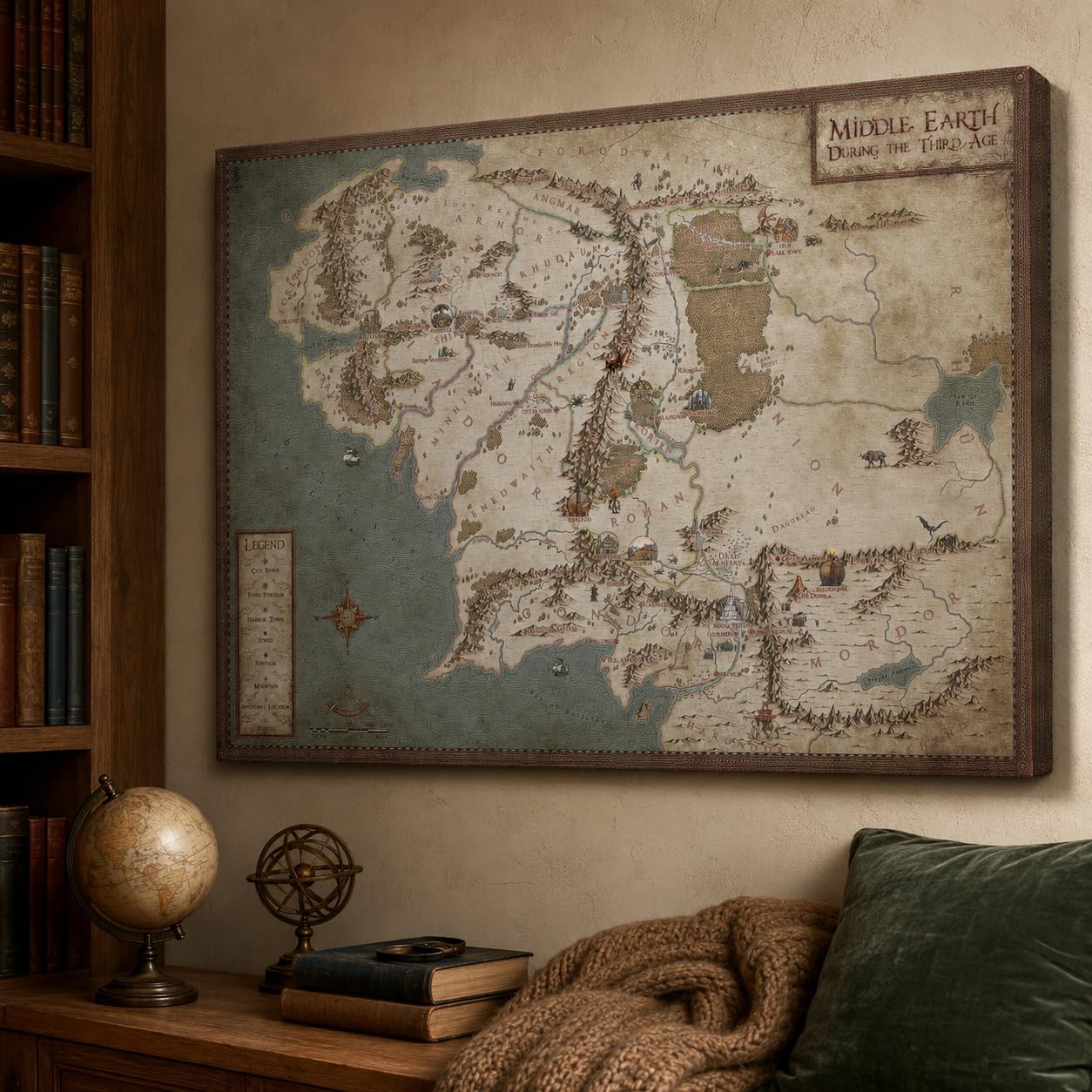 Middle Earth Map Canvas Wall Art Movie Map HD Print - Retro Middle EarthMap Canvas Painting for Home Wall Decor, Vintage Movie WorldMap Poster Framed Artwork for Home Office Decor (32'Hx48'W)