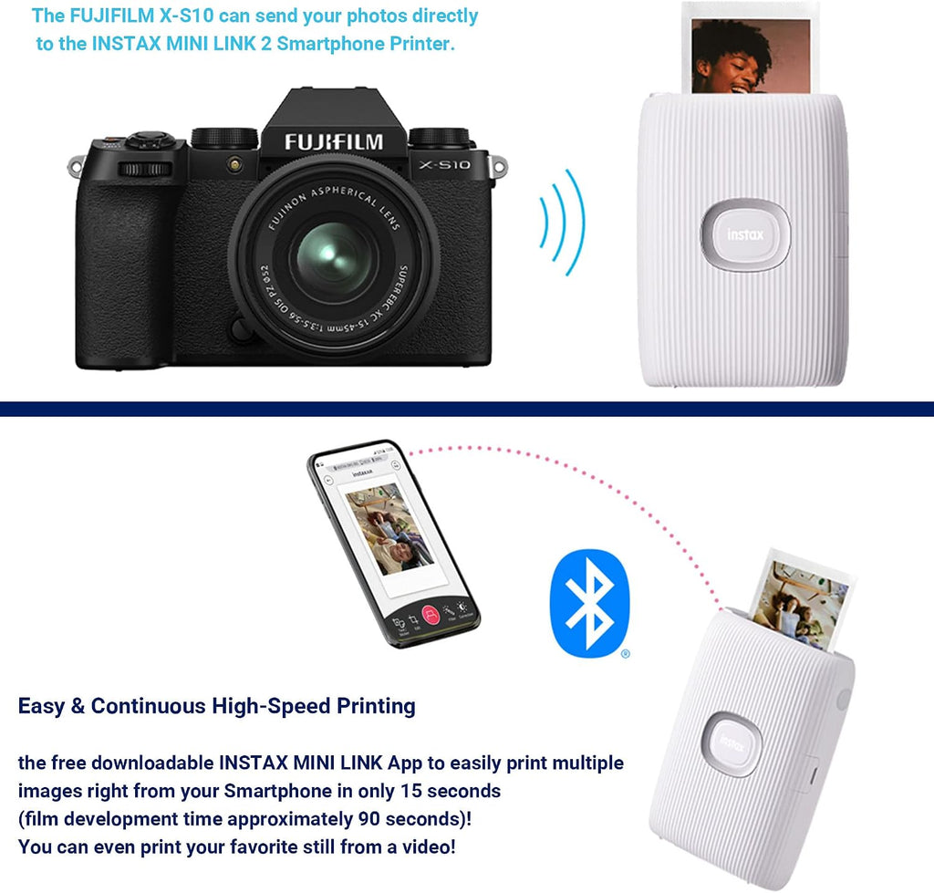 Fujifilm Instax Mini Link 2 Smartphone Printer Clay White Bundle with Fujifilm Instax Mini Twin Pack Instant Film and 20 Sticker Frames