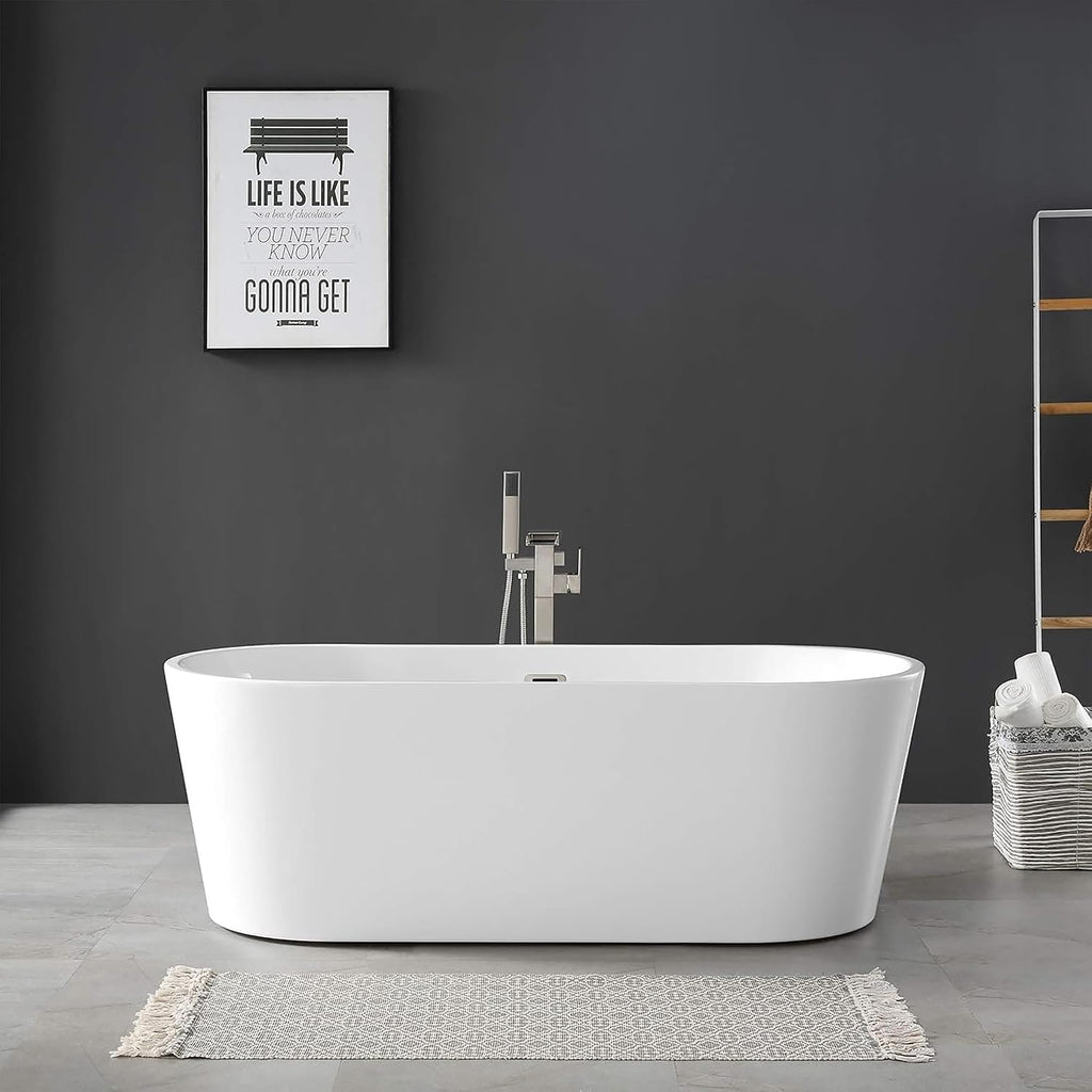 67' Acrylic Freestanding White Acrylic Soaking Bathtub with Brushed Nickel Drain and Overflow, LED Control Panel, Air Bubble, Easy Installation