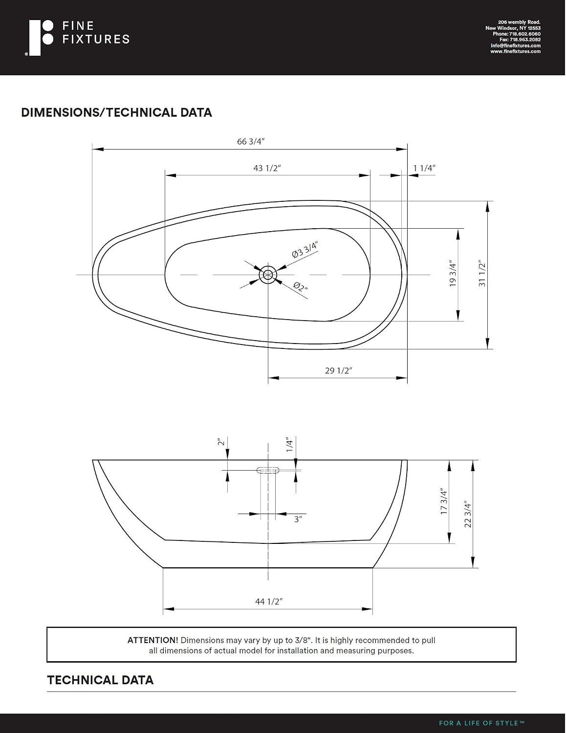 Fine Fixtures Capsule Freestanding Bathtub White 67' With Drain Included