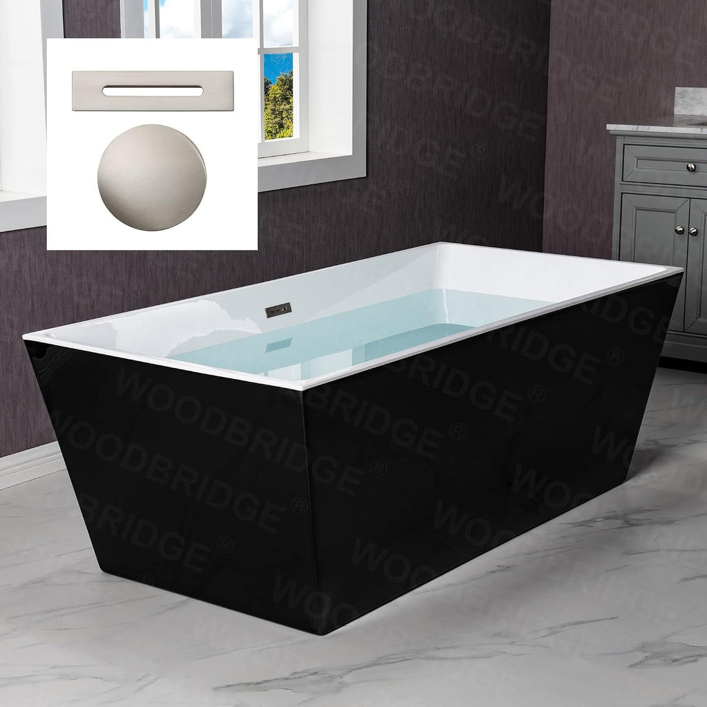 WOODBRIDGE 67' Acrylic Freestanding Bathtub Contemporary Soaking Black Tub with Brushed Nickel Overflow and Drain，BTA1812-BN
