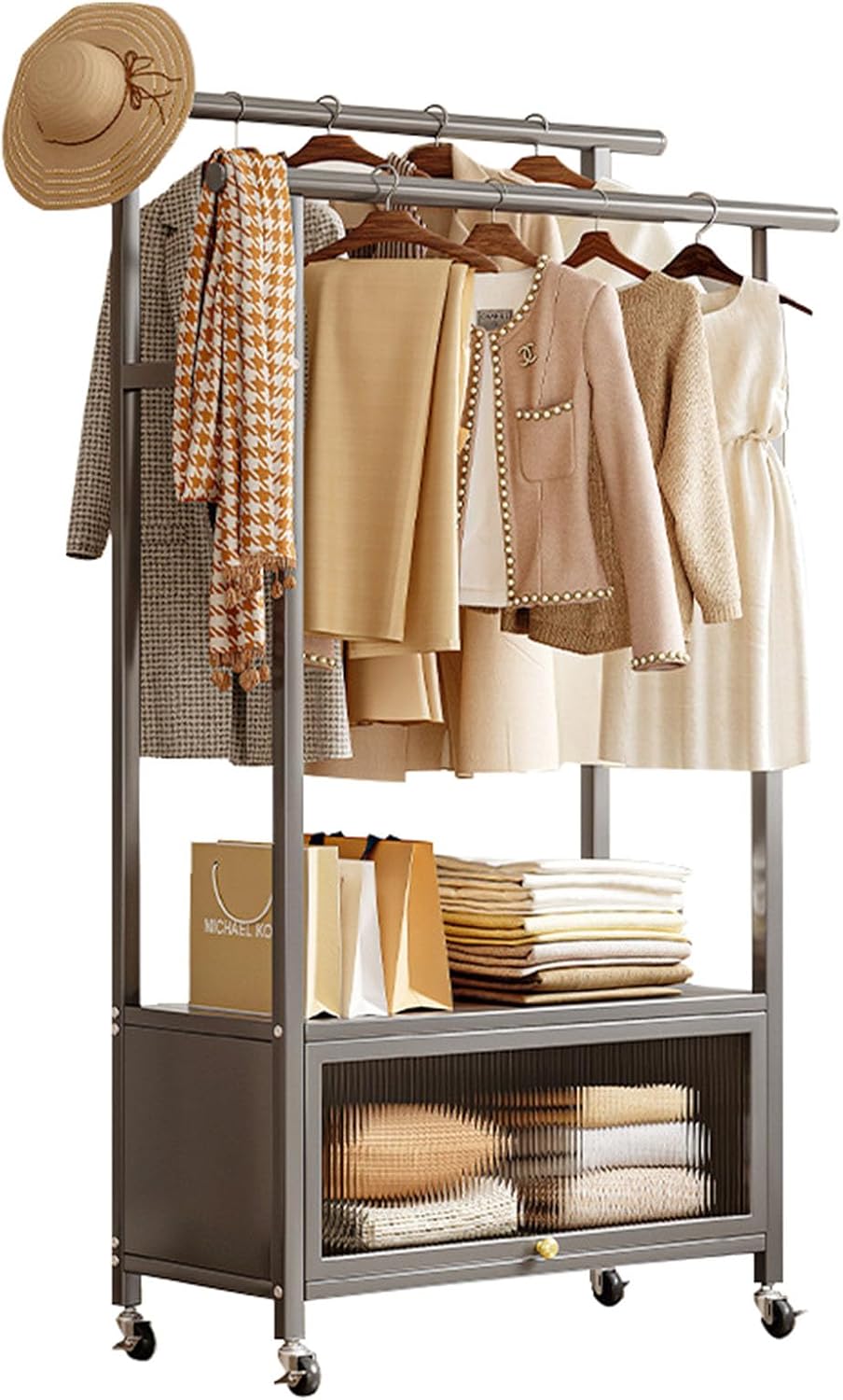 Clothing Rack, coat rack with Wheels Rolling Clothes Rack with Storage Coat Rack Stand Modern Garment Rack for Bedroom Boutiques Heavy Duty Coat Hanger Rack