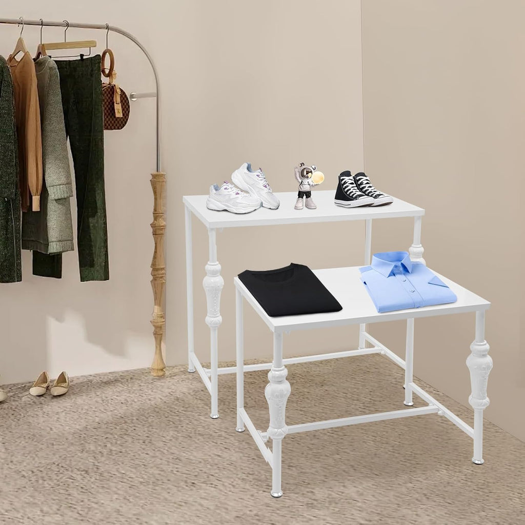 Industrial Retail Display Tables, Set of 2 Standing Clothing Shoes Display Rack, Heavy Duty Boutique Display Riser Storage Shelves, Garment Handbag Display Stand for Retail Clothing Store (White)