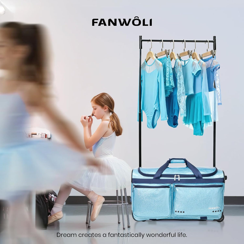 Fanwoli 23' Dance Bag with Garment Rack | Glittering Waterproof Fabric | Shine-Bright Collection | Ideal Competition Rolling Duffle Bag for Dancer Cheerleader Little Princess | Sparkle Blue