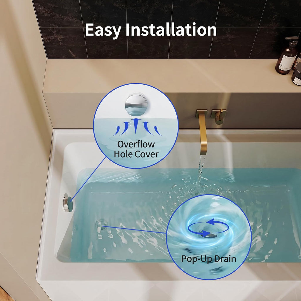 DeerValley 60'x30' Alcove Bath Tub, Acrylic Bathtub with Right Drain Integrated Apron Soaking Bath Tub, Ergonomic Deep Soak Tub with Pop-Up Drain and Integrated Overflow System, White, DV-1T0195R