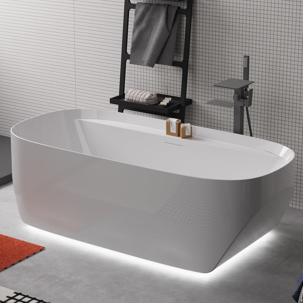 Cpingao 59' Acrylic Freestanding Bathtub, Contemporary Oval Shape Soaking Tub, Chrome Drain & Integrated Slotted Overflow Assembly Included, Glossy White