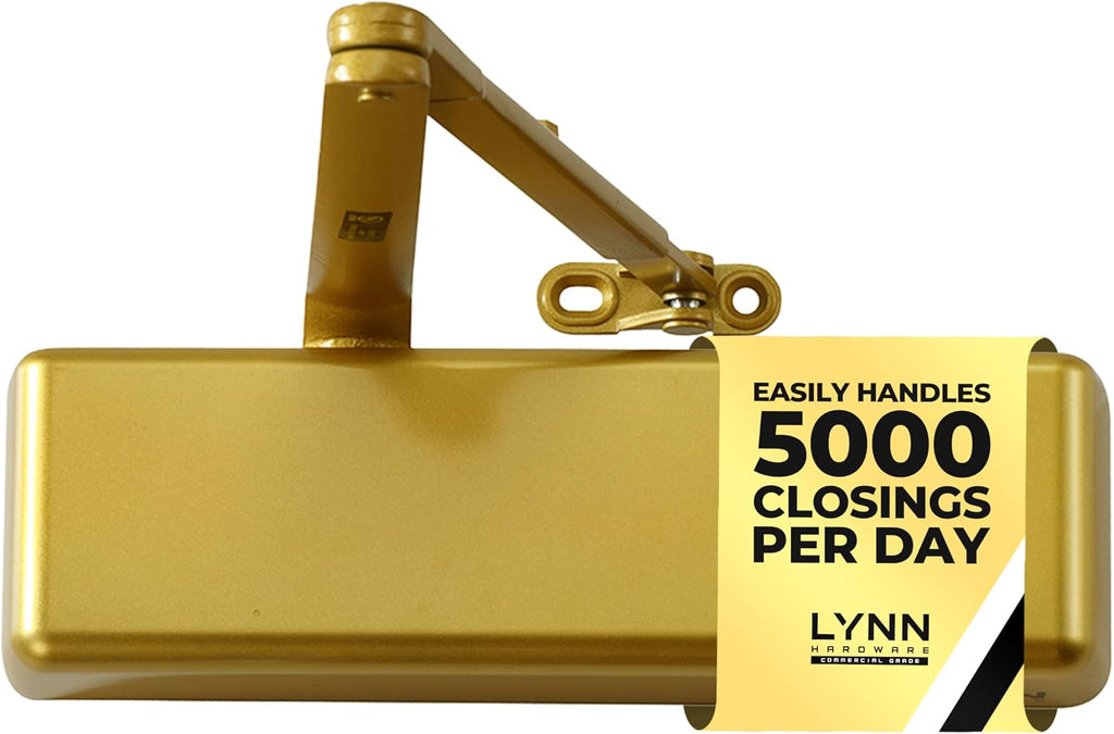 LYNN HARDWARE Extra Heavy Duty Automatic Door Closer (Brass/Gold) - Commercial Grade, Contractors Choice, Adjustable Speed, Delayed Closing Timer, 3 Mounting Options, 3 Hour Fire Rated (DC9016 Model)