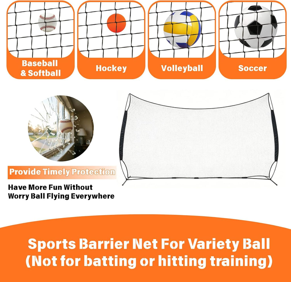 16x10FT Sports Barrier Net, Barricade Backstop Net with Upgrade Steel Frame, Protective Net for Baseball, Lacrosse, Soccer, Basketball & More