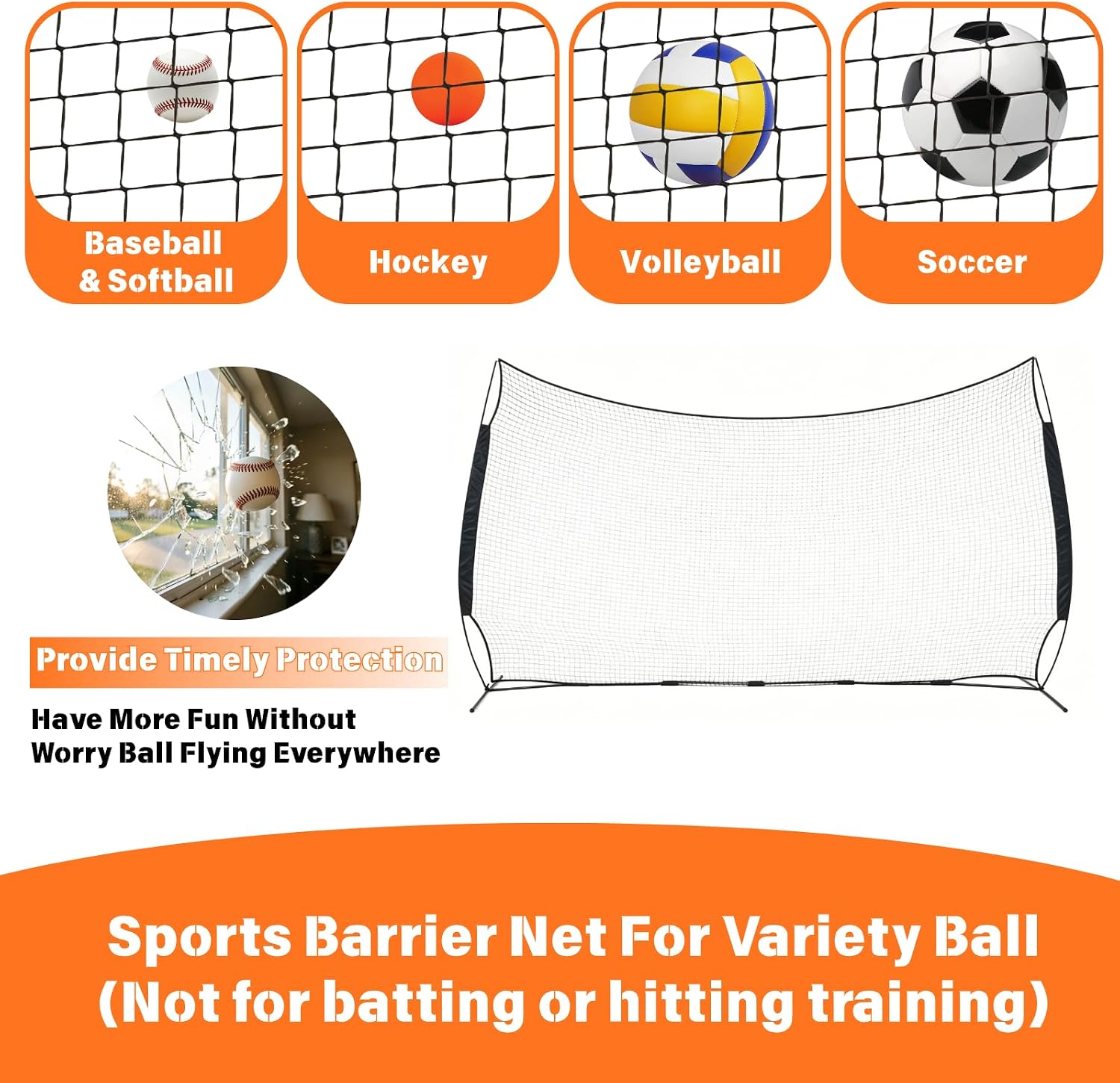 16x10FT Sports Barrier Net, Barricade Backstop Net with Upgrade Steel Frame, Protective Net for Baseball, Lacrosse, Soccer, Basketball & More