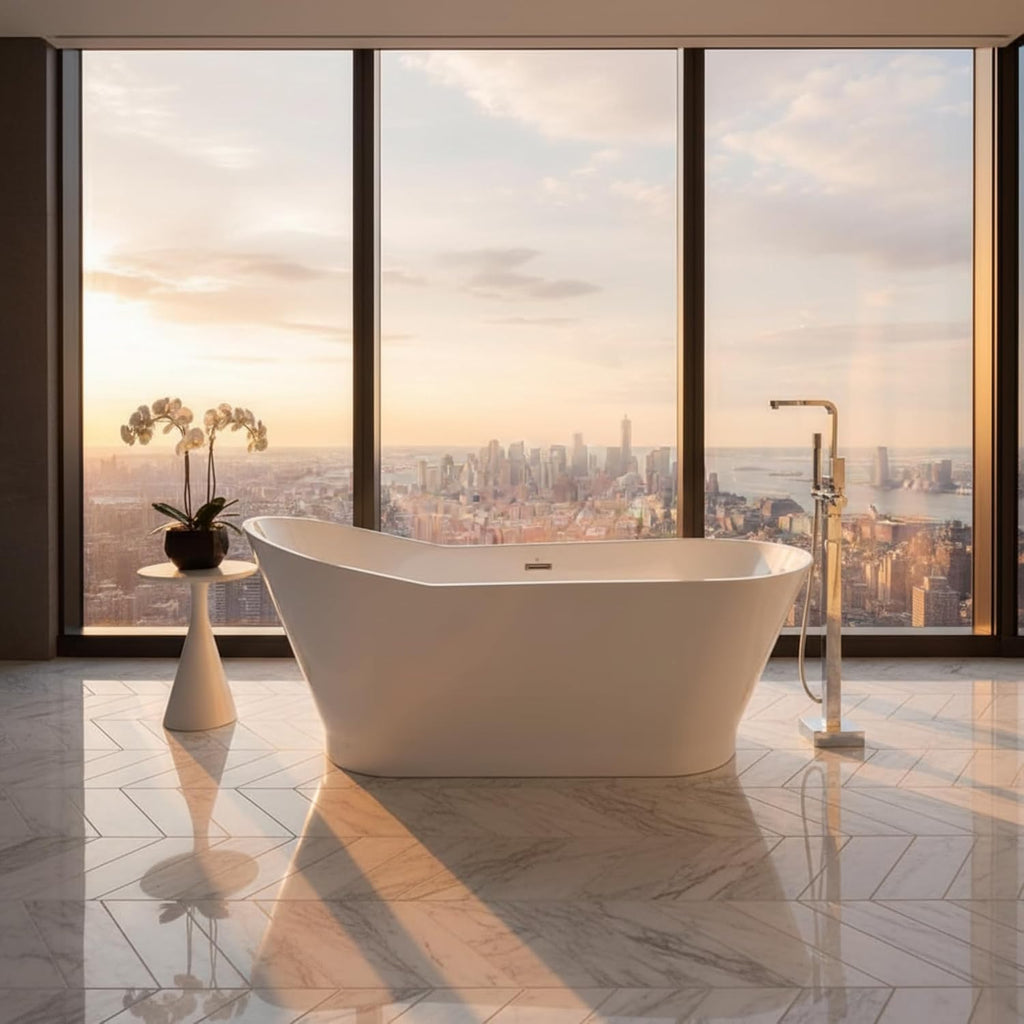Melun 67' Freestanding Acrylic Bathtub with Chrome Drain, Glossy White Seamless Soaking Tub, Fiberglass Reinforced with Leveling Legs, 52 Gal Capacity