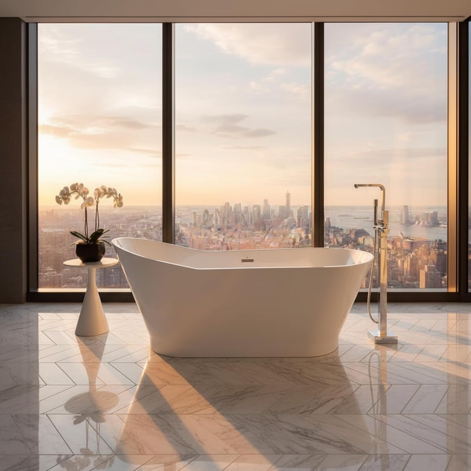 Melun 67' Freestanding Acrylic Bathtub with Chrome Drain, Glossy White Seamless Soaking Tub, Fiberglass Reinforced with Leveling Legs, 52 Gal Capacity