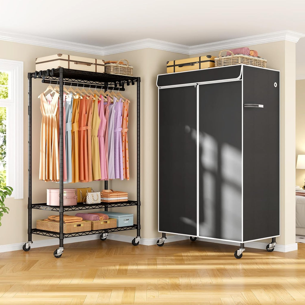 ULIFHOME P6C Rolling Clothes Rack with Cover, Covered Clothing Racks Heavy Duty, Portable Closet for Hanging Clothes, Garment Racks on Wheels, Black Closet Rack with Black Cover, Max Load 365LBS