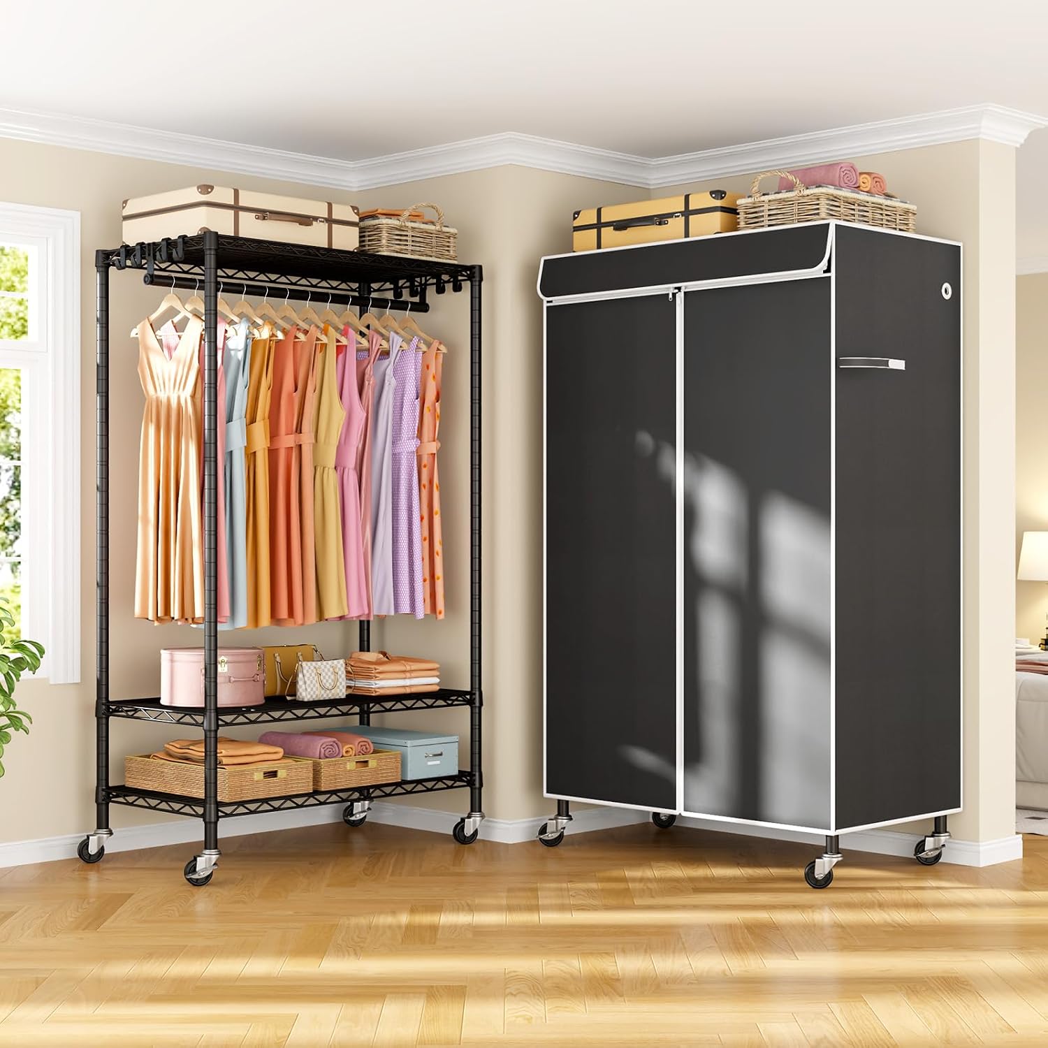 ULIFHOME P6C Rolling Clothes Rack with Cover, Covered Clothing Racks Heavy Duty, Portable Closet for Hanging Clothes, Garment Racks on Wheels, Black Closet Rack with Black Cover, Max Load 365LBS