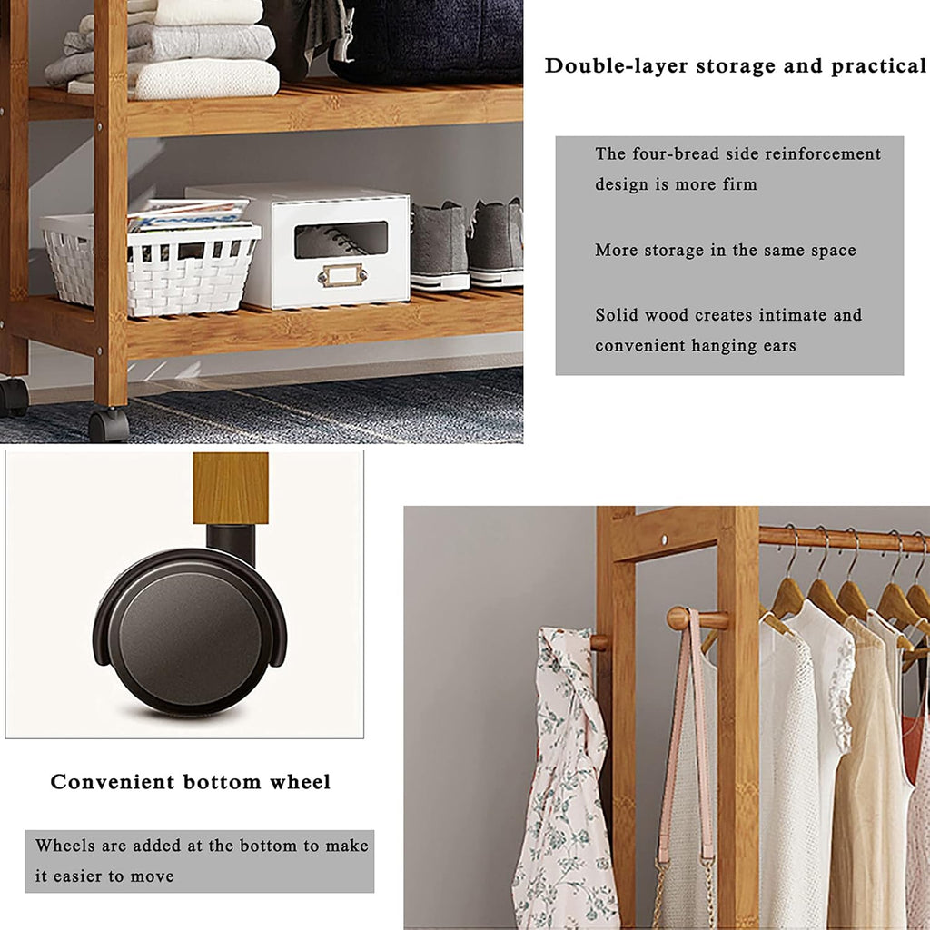 Bamboo Clothes Rack,2-Tier Storage Shelves Clothes Hanging Rack, with Wheels 4 Hooks,for Shirts Bags Scarves Pants Shoes Storage Boxes