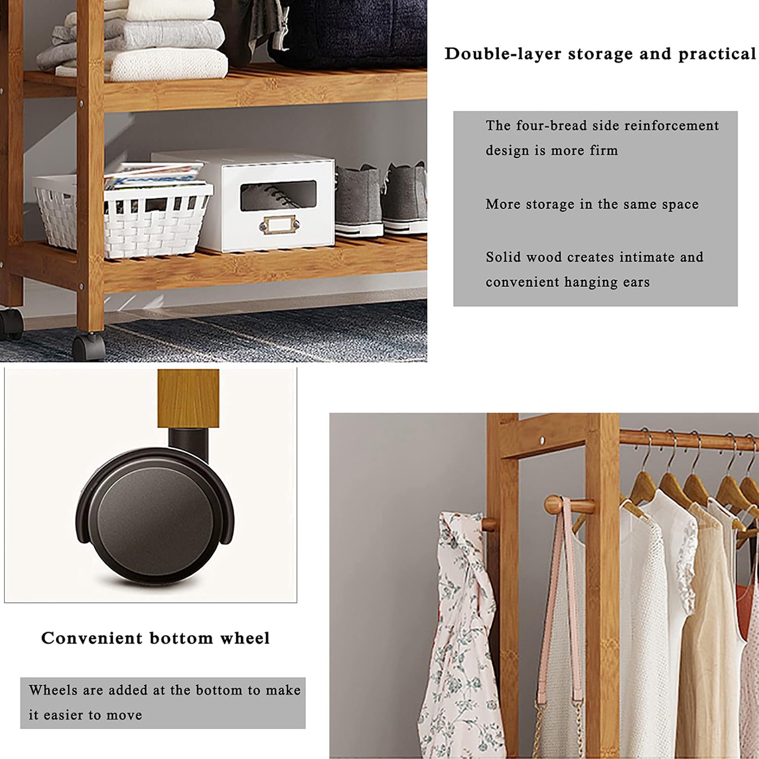 Bamboo Clothes Rack,2-Tier Storage Shelves Clothes Hanging Rack, with Wheels 4 Hooks,for Shirts Bags Scarves Pants Shoes Storage Boxes
