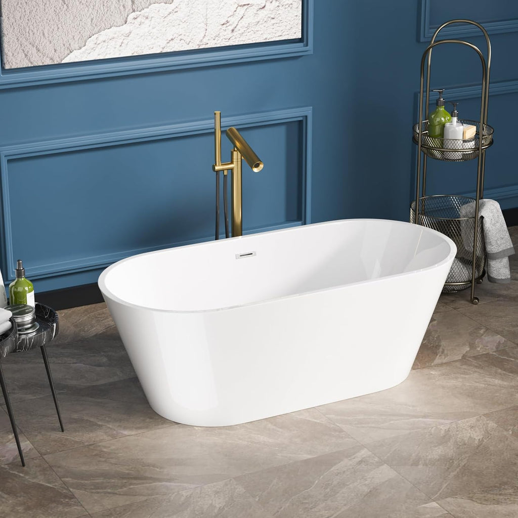 Sarlai 63 Inch Acrylic Freestanding Soaking Bathtub Contemporary Soaking White Tub Stand Alone Ergonomic Bathtub with Chrome Drain and Overflow
