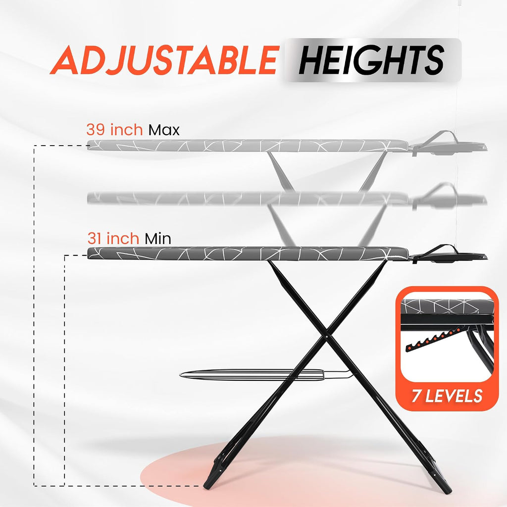 Xabitat Extra Wide Ironing Board 60' X 20' with Wheels & Wall Mount Hanger | Full Metal Iron Board | Built in Iron Caddy | Heat & Scorch Resistant Cover| Heavy Duty | Wide Leg