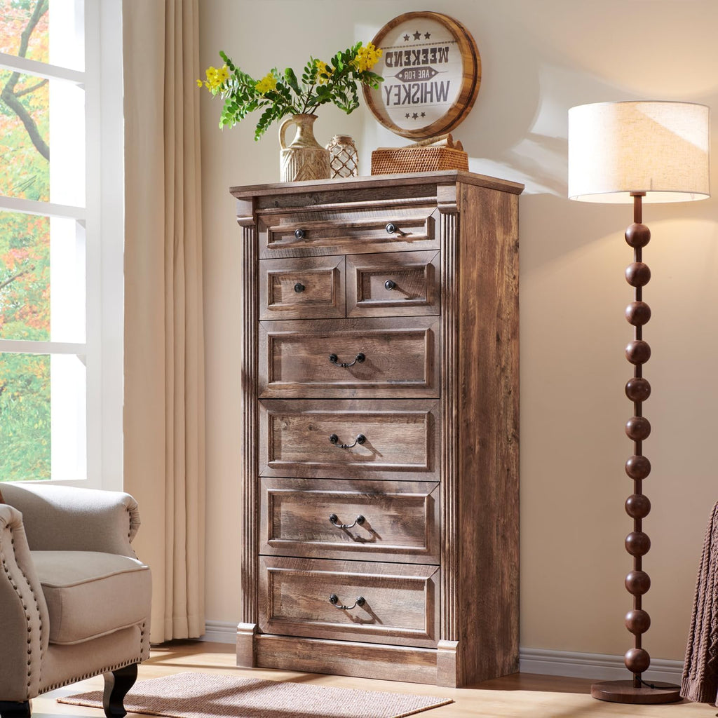 Aitjunz Farmhouse 7 Drawers Dresser for Bedroom, 57' Tall Large Dressers & Chests of Drawers w/Roman Column, Storage Dressers Organizer for Bedroom, Hallway, Living Room, Light Brown