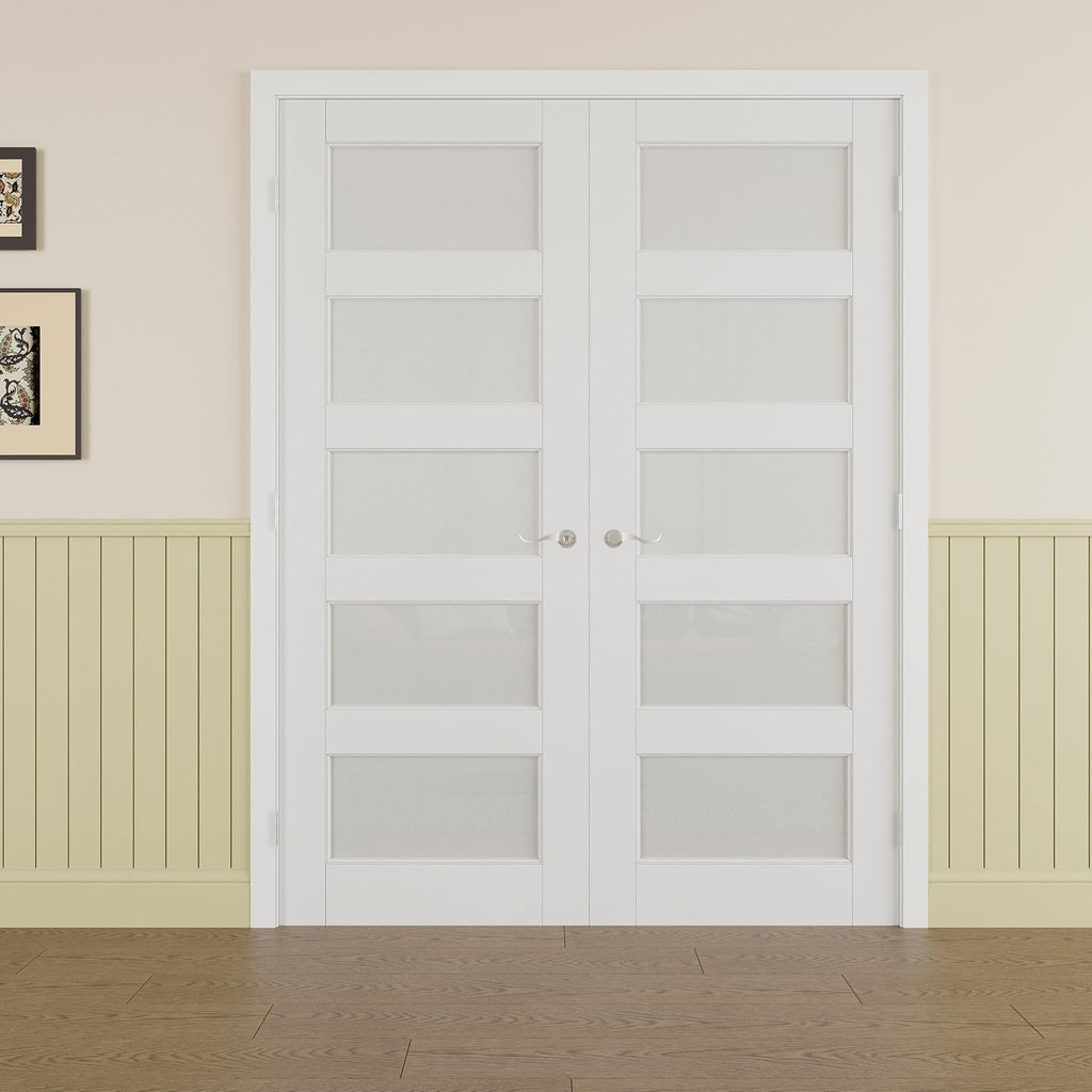 Prehung French Door 60' x 80' (2x30 in), Tempered Frosted Glass Door Slabs with Jamb, Silver Hinges, 4 Levers & Latch, Solid Core Interior Door, Pre-Finished & Paintable, MDF Double Doors Interior