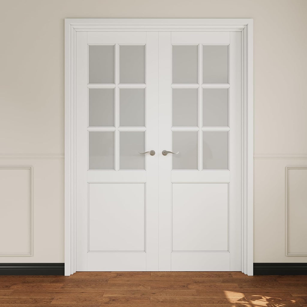 French Door 56' x 80' (Double 28' x 80') 6-Lite Frosted Glass Door Slabs with Pre-hung Jamb, Silver Hinges, Levers and Latch, White Primed, French Interior Doors with frame, Swing Double Bedroom Doors