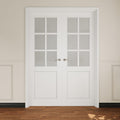 French Door 56' x 80' (Double 28' x 80') 6-Lite Frosted Glass Door Slabs with Pre-hung Jamb, Silver Hinges, Levers and Latch, White Primed, French Interior Doors with frame, Swing Double Bedroom Doors
