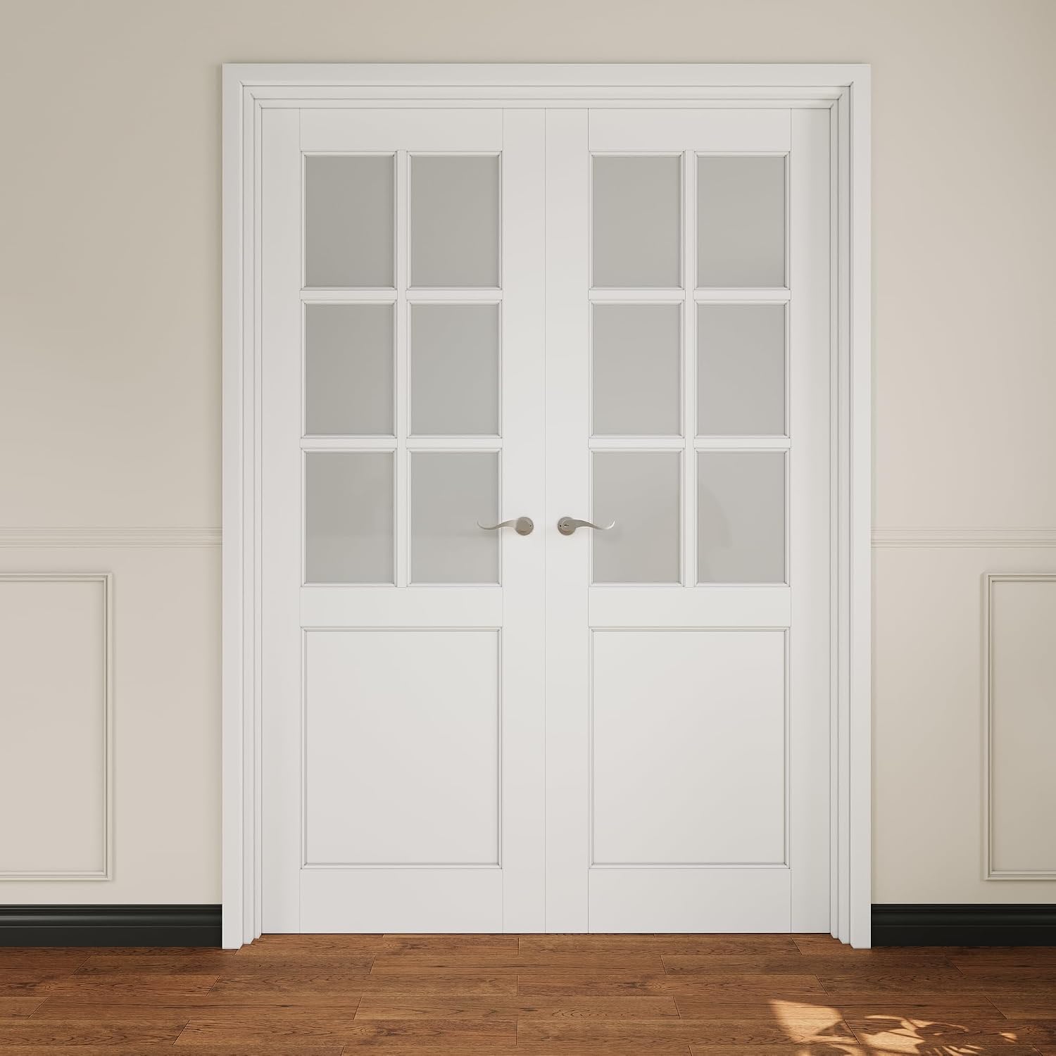 French Door 56' x 80' (Double 28' x 80') 6-Lite Frosted Glass Door Slabs with Pre-hung Jamb, Silver Hinges, Levers and Latch, White Primed, French Interior Doors with frame, Swing Double Bedroom Doors