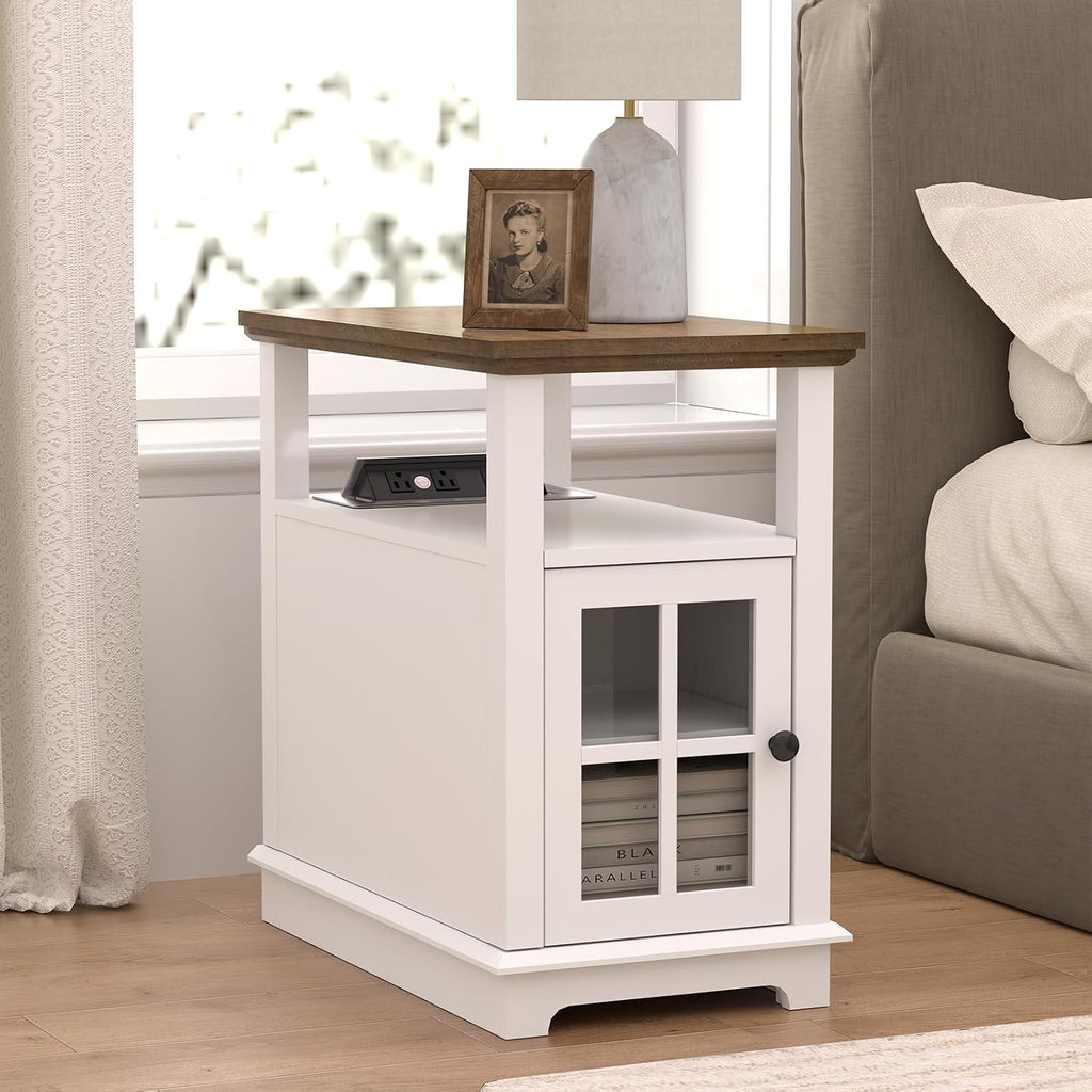 FAGAGA Side Table with Fast Charging Station, End Table with 2 Power outlets & USB Ports, Bedside Table with Semi-Open Storage, Wooden Nightstand for for Living Room/Bedroom/Office
